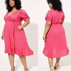 Torrid Swiss Dot Surplice Midi Dress Pink Womens Romantic